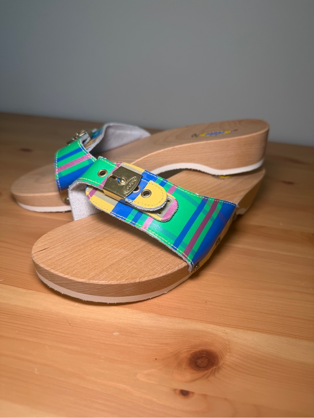 NEW Vintage Dr. Scholl’s Original Wooden Sandals Plaid Multi Color 9 - Picture 8 of 8